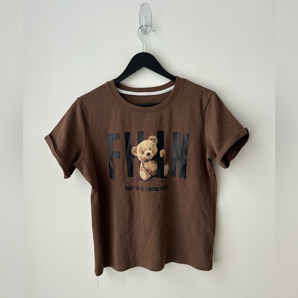 Tops - Korean Teddy Bear Graphic T Shirt Brown Cute Kawaii Y2K Baby Tee Size S